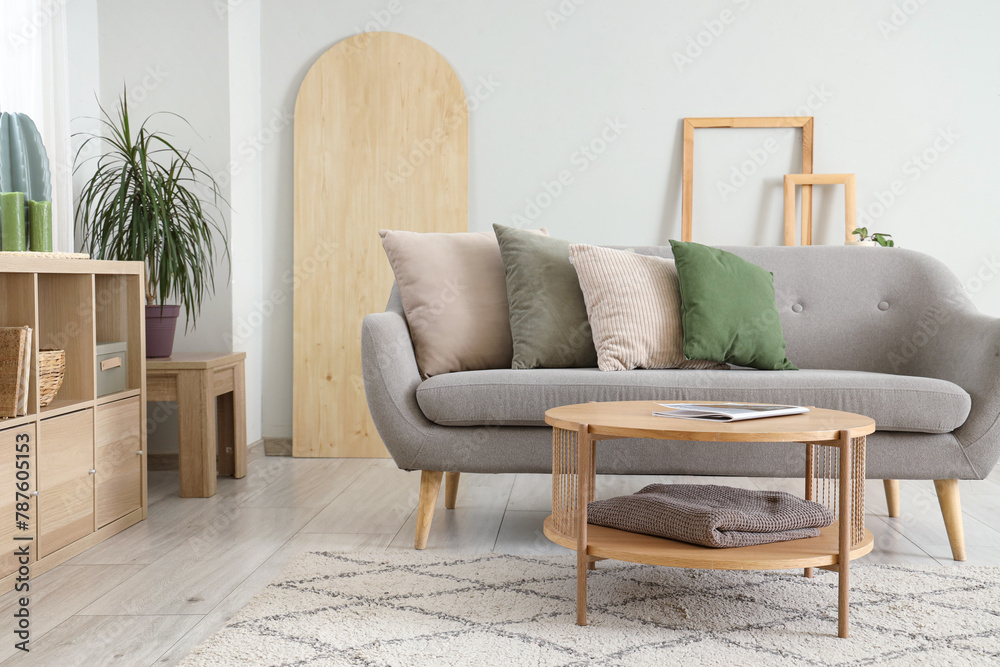 Modern interior of living room with sofa and soft pillows
