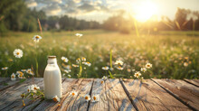 Beautiful Glass Bottle Of Milk On Wooden Desk Table Top With Nature Background , Space For Text, Cards Banners Or Posters 