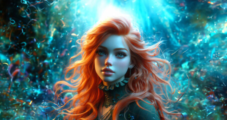 Wall Mural - Beautiful woman with red hair in the underwater world. Surreal illustration of game or book character concept