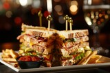 Fototapeta  - New triple decker club sandwich with side of fries