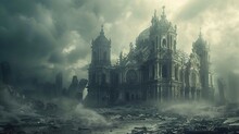 A Baroque Cathedral Standing Resilient In A Post-apocalyptic Wasteland, Its Intricate Facade Contrasted By Desolation, In Baroque Silver And Apocalyptic Dust