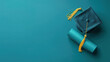 © Mahnoor - graduation cap or hat with degree on blue background , convocation day , celebration, card, greeting, banner, poster , space for text