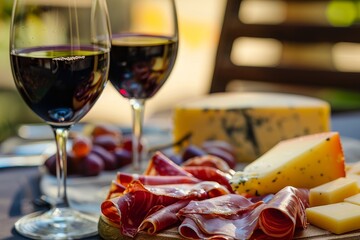 Wall Mural - Outdoor romantic dinner with red wine cheese and prosciutto