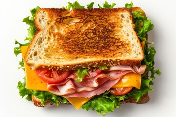 Canvas Print - Overhead view of ham and cheese sandwich on white background