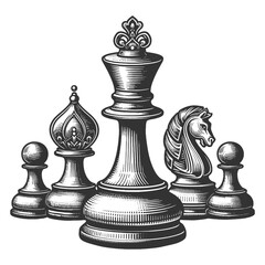 set of chess pieces including the king, queen, bishop, knight, and pawns sketch engraving generative ai vector illustration. Scratch board imitation. Black and white image.