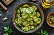 Pickled zucchini salad with garlic flat lay view