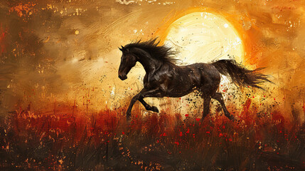 textured painting of horse , running fast effect with paint brush red rough strokes on sunset art background, with space for text , card, banners, portraits 