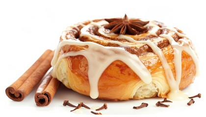 photo of a delicious cinnamon roll with icing and cinnamon sticks shot with shallow depth on white b