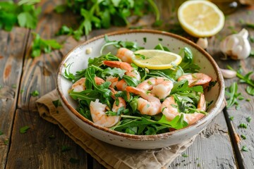 Wall Mural - Prawn salad with asparagus arugula garlic parsley lemon on wooden table healthy appetizer