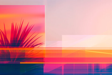Poster - Abstract digital art using plant silhouette and geometric overlays during sunset