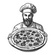 bearded chef with pizza, symbolizing culinary skill and Italian cuisine sketch engraving generative ai fictional character vector illustration. Scratch board imitation. Black and white image.