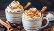 Quick and easy microwave dessert with Cinnabon flavors Cinnamon roll mugcake topped with sugar cream cheese and cinnamon sticks in various mugs