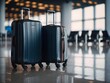 Airport luggage trolley with suitcases on blurred airport background. Ai Generative.