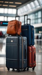 Airport luggage trolley with suitcases on blurred airport background. Ai Generative.