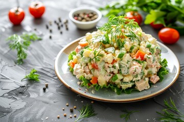 Wall Mural - Russian Olivier salad with veggies and meat Serving on gray stone platter