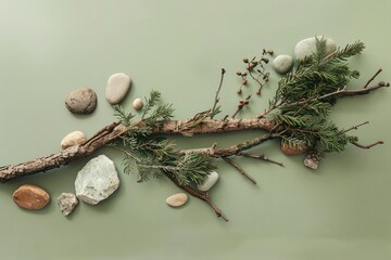 Abstract nature scene with a composition of juniper, stones, and dry snags. Neutral green background for cosmetic, Copy space - generative ai