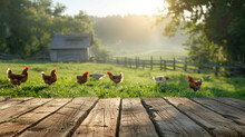 Wooden Table Top With Blur Nature Farm Hens Or Chicken, Grass Field Background, Fresh And Relax Concept.For Montage Product Display Or Design Key Visual Layout.View Of Copy Space.
