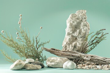 Abstract nature scene with a composition of juniper, stones, and dry snags. Neutral green background for cosmetic, Copy space - generative ai