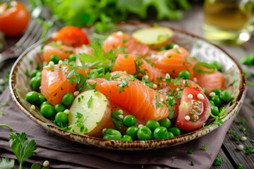 Smoked salmon salad with potatoes veggies and peas on menu