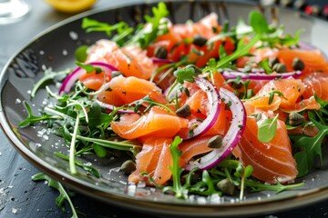 Wall Mural - Smoked salmon salad with red onion capers lemon arugula and rocket