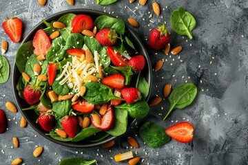 Poster - Spinach and strawberry salad with cheese and almonds on table top view