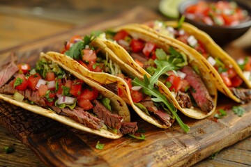 Wall Mural - Steak tacos with meat salad and salsa on a board