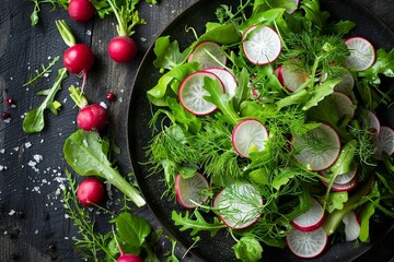 Wall Mural - Summer fennel salad with pea shoots and radishes viewed from above