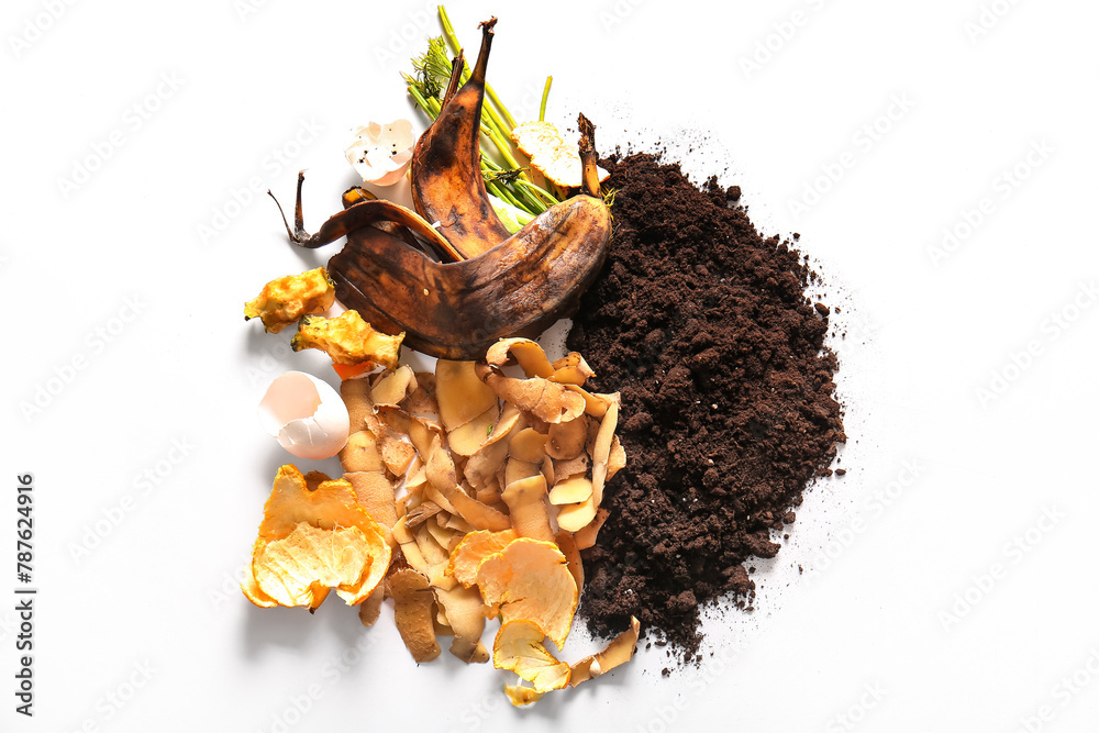 Organic waste and soil on white background. Compost recycling concept