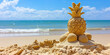 Seashore Surprise, The Delight of a Pineapple Sandcastle Amidst the Ocean's Whispers.