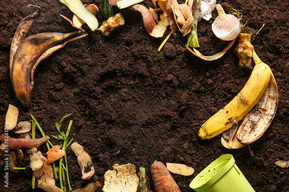 Frame made from organic waste on soil. Compost recycling concept