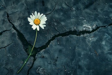 Chamomile flower growing in asphalt cracks Symbolizing strength vitality and the struggle for life Environmental threat industrial damage protection of wild nat