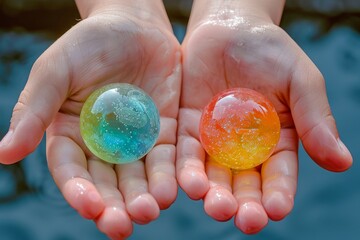 Children s hands filled with colored hydrogel balls for sensory play