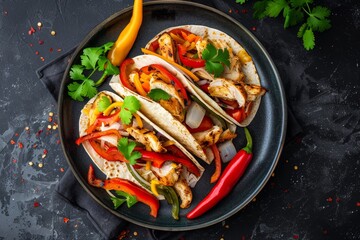 Wall Mural - Classic chicken fajitas with Mexican influence on dark backdrop