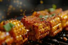Close Up Of Corn On The Cob Skewered And Grilled