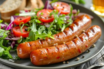 Poster - Close up of plate with sausages frankfurter and salad