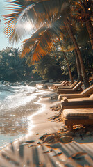 Wall Mural - Caribbean Beach.Paradise. Vacation and Tourism concept. Sunbeds and Palm tree