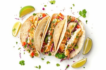 Wall Mural - Fresh fish tacos on white background top view