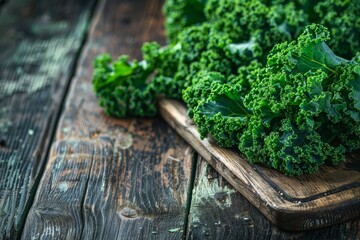 Sticker - Fresh curly kale on cutting board wooden table rustic style healthy vegan food