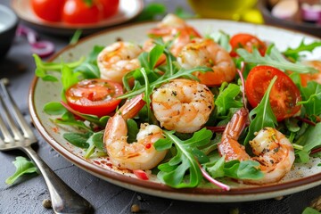 Canvas Print - Healthy shrimp salad with mixed greens and tomatoes for weight loss