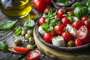 Wall Mural - Image of Caprese Salad with traditional Italian ingredients on wooden background Mediterranean organic and natural concept