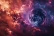 Planets and space around planets in a style that merges realistic scenery, crimson and blue tones, harmonious chaos, photorealistic detail, hellish background, and accurate topography.