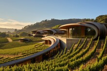 A Charming Hillside Vineyard Tasting Room Overlooking Lush Grapevines Under A Clear Blue Sky