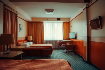 Hotel room interior with orange drapes, matching bedspread, and soft lighting creating a warm ambiance.