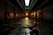 A hauntingly realistic depiction of a deserted prison cellblock at dusk, with the setting sun casting long shadows and an eerie silence prevailing