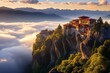 A Serene Dawn at the Ancient Mountain-Top Monastery Overlooking a Breathtaking Valley with Misty Peaks in the Distance