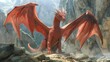 A winged red dragon stood majestically on the rocky mountain.Generative AI illustration