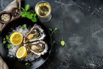 Sticker - Oyster with lemon and champagne in restaurant top view