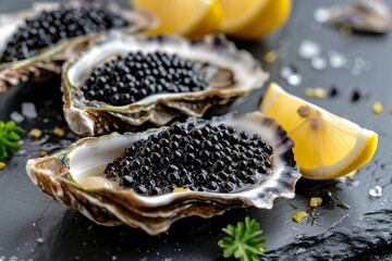 Sticker - Oysters with black caviar and lemon gourmet delicacy at restaurant