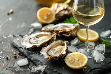 Sticker - Oysters with ice and lemon white wine on stone table Half dozen