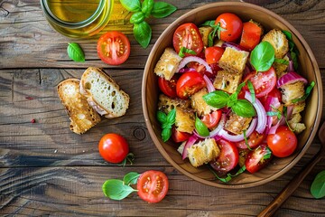 Panzanella salad with tomatoes croutons onion olive oil and rusk on table Healthy meal with copy space and rustic background Top view for keto paleo veggie veg